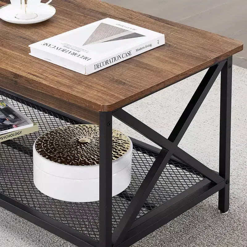Tavolino da caffè rettangolare industriale a X con telaio marrone/oro per 1 persona