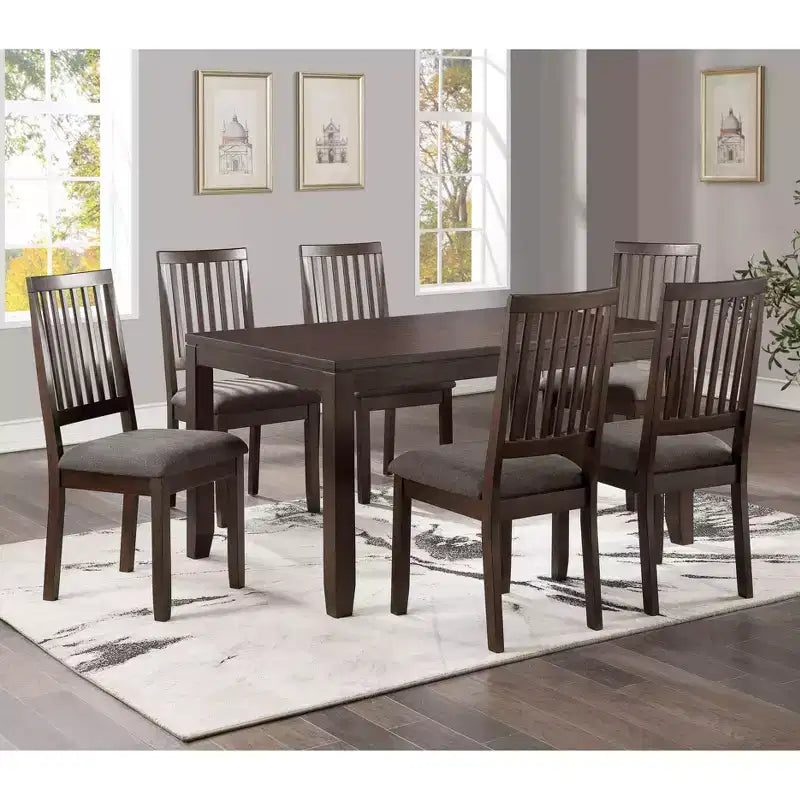 Set da pranzo rettangolare impiallacciato in legno naturale, 7 pezzi, 6 posti a sedere
